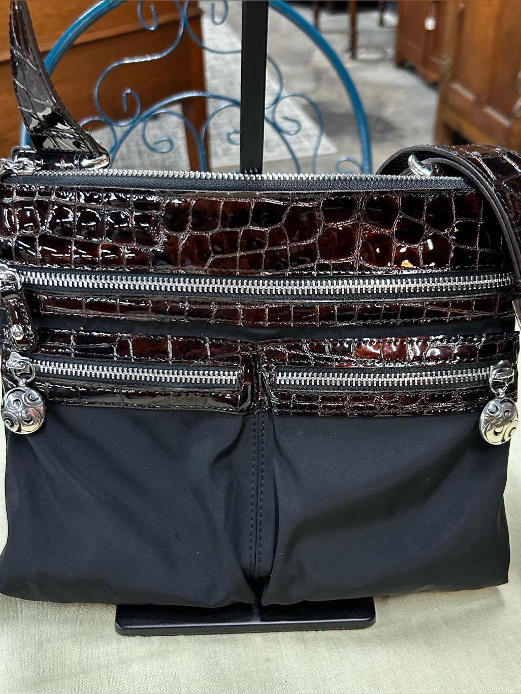 Brighton Go Go Black Nylon & Brown Croc Pattern Leather Crossbody Handbag